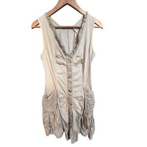 Sleeveless Beige Lagenlook Button-Front Dress With Ruffled Hem & Pockets